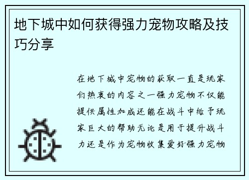 地下城中如何获得强力宠物攻略及技巧分享